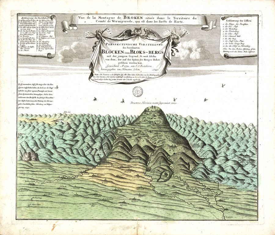 Гора Броккен с роящимися над ней ведьмами. L.S. Bestehorn, 1732. Источник: Википедия